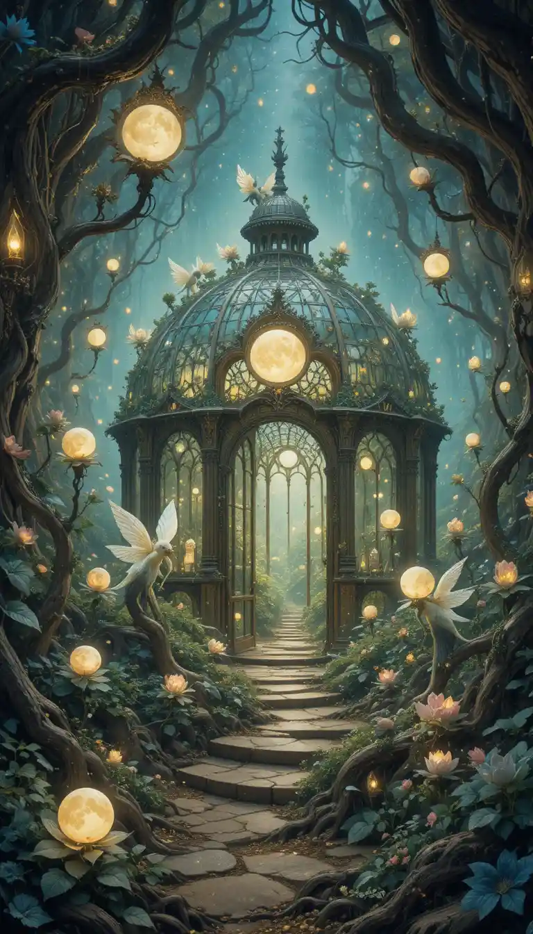 Enchanted Root Greenhouse With Glowing Moons And Sprites