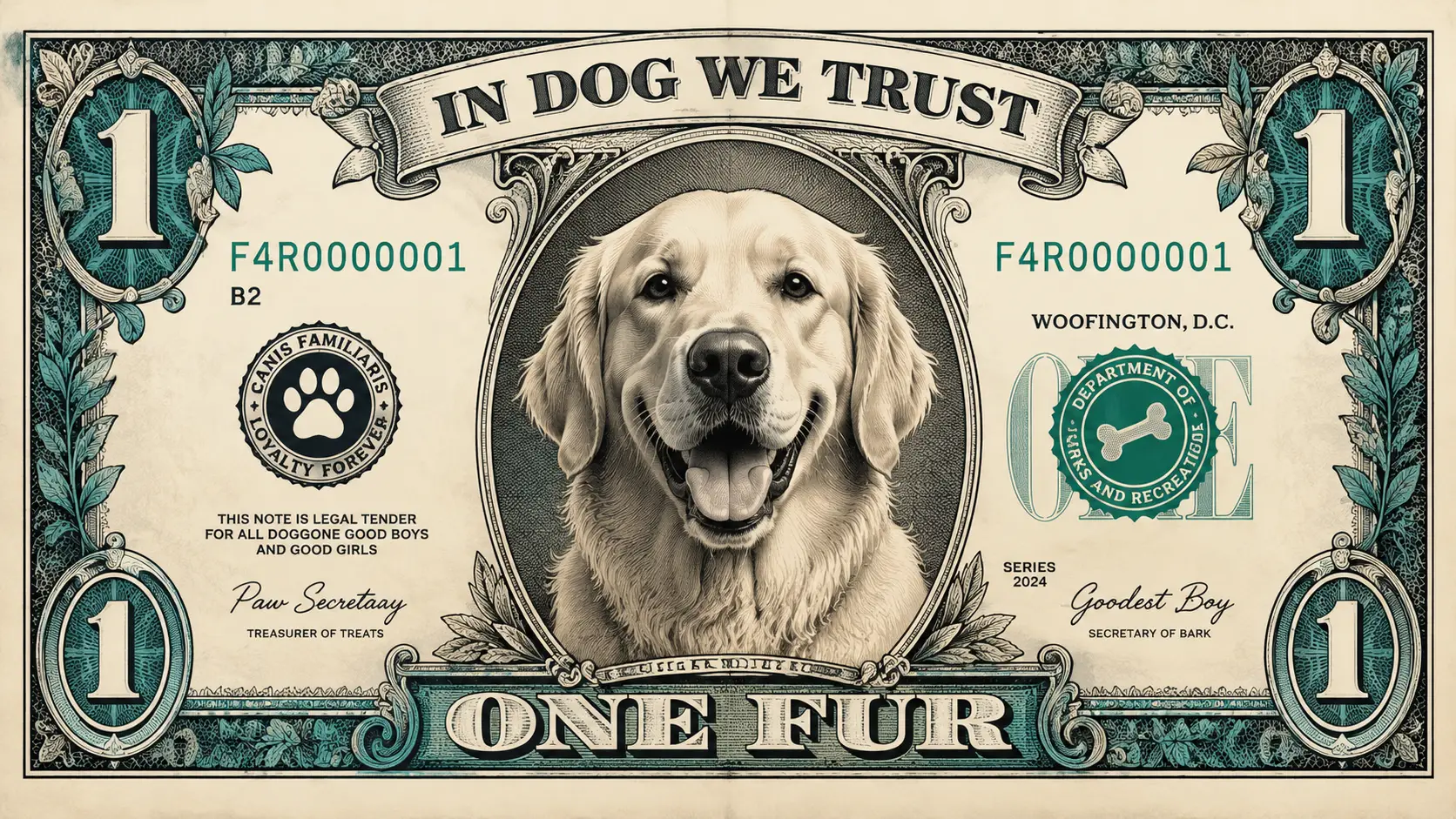 One fur dog themed dollar style banknote illustration