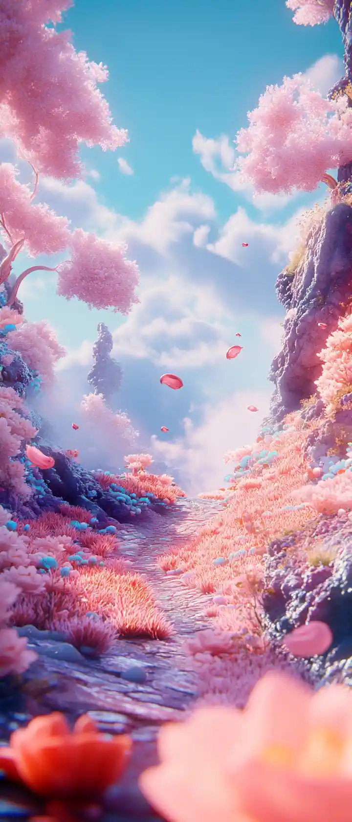 Cheerful surreal landscape in bright pastel anime style