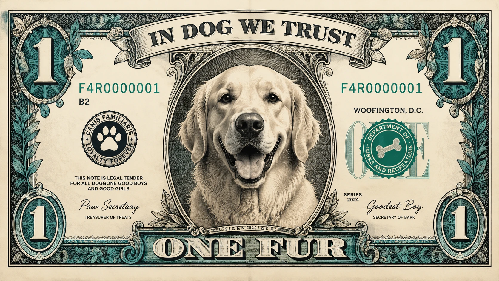 Illustrazione di banconota in stile dollaro a tema cane peloso