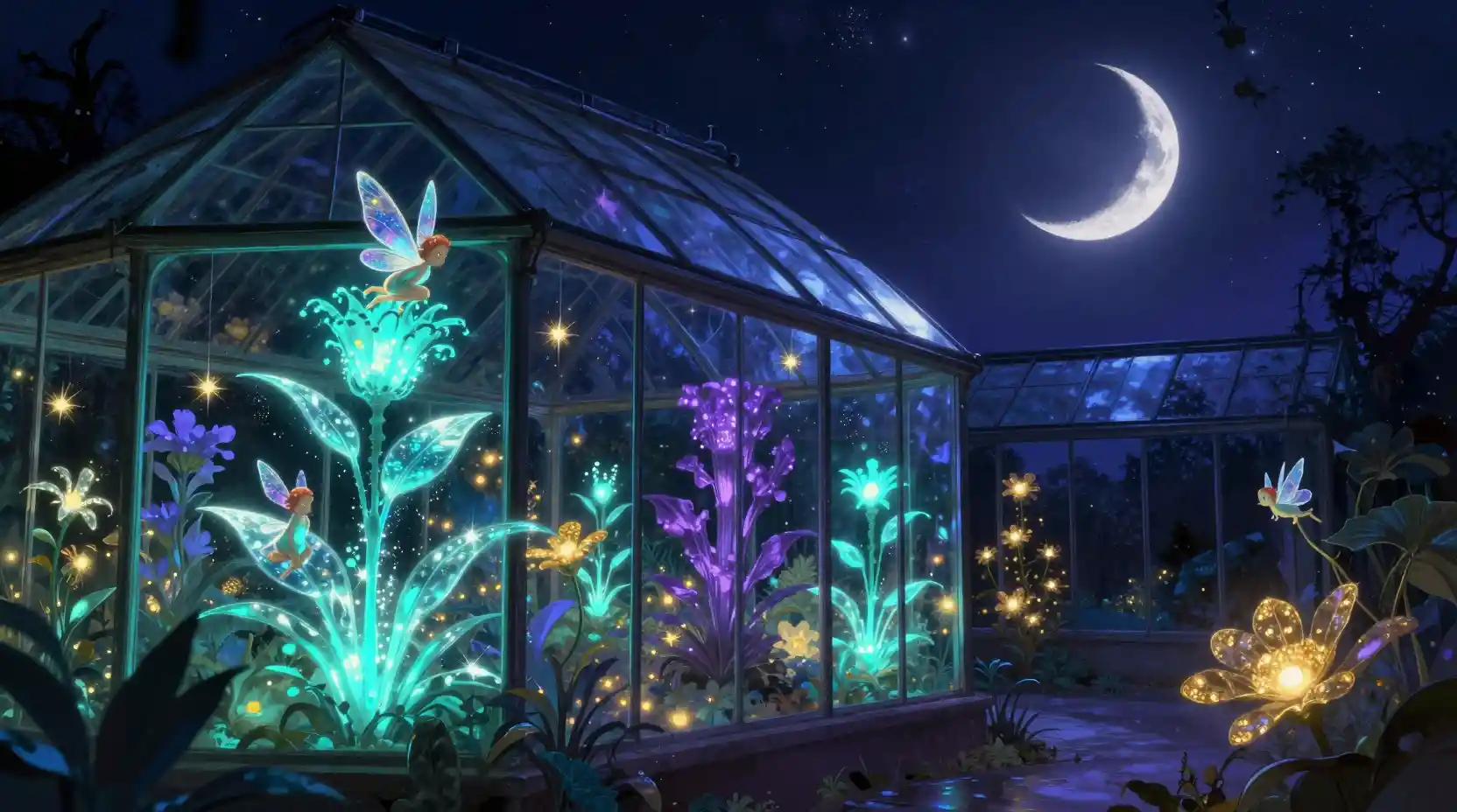 Enchanted Greenhouse With Bioluminescent Plants At Midnight