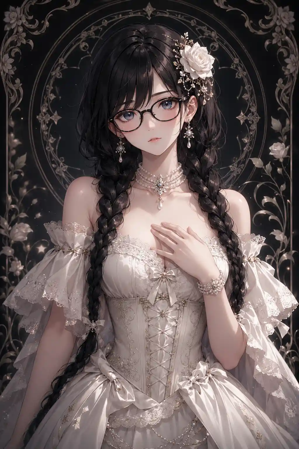 Elegant anime bride in white dress with pearl jewelry