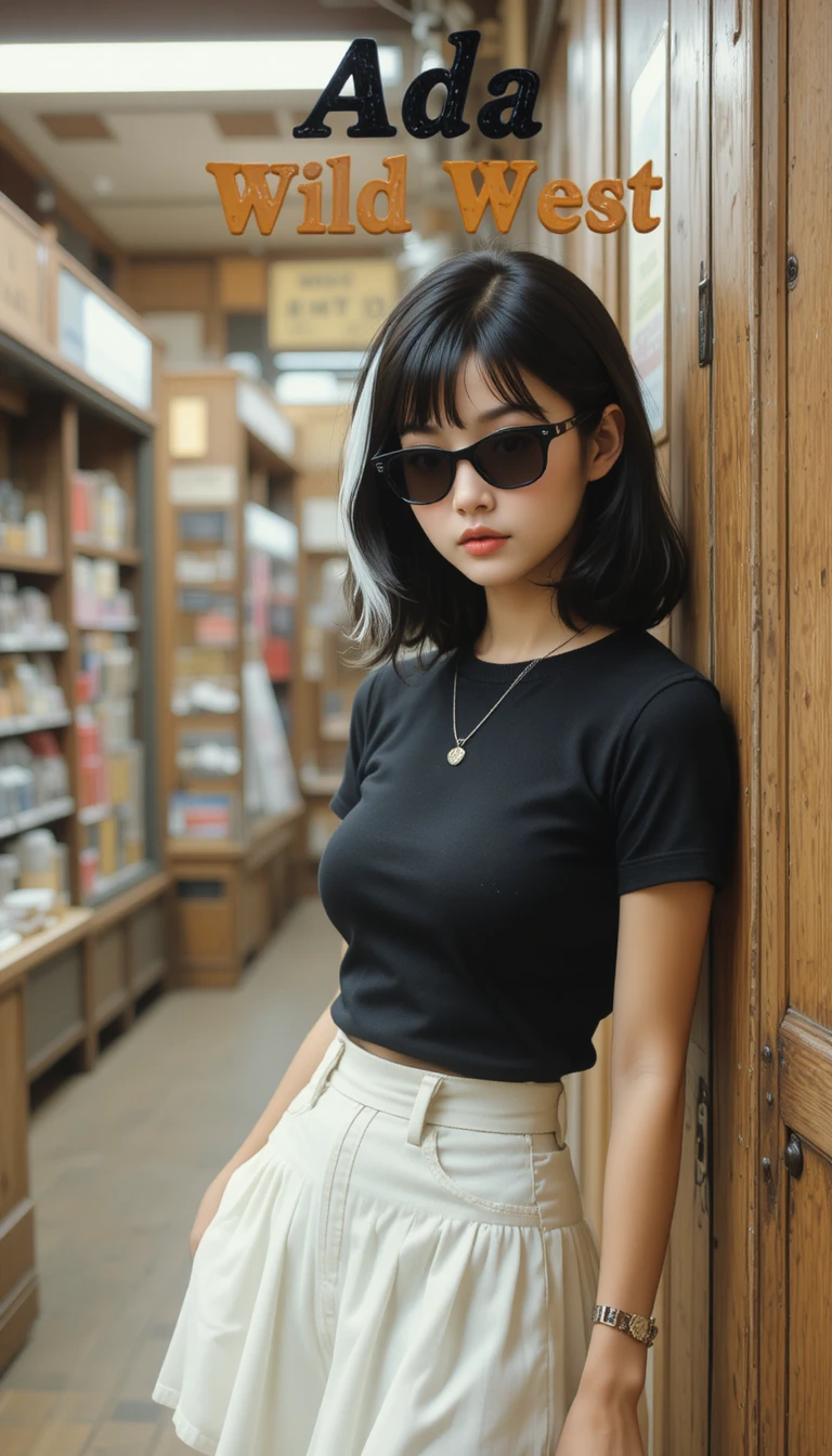 Young girl in sunglasses in a 1970s general store