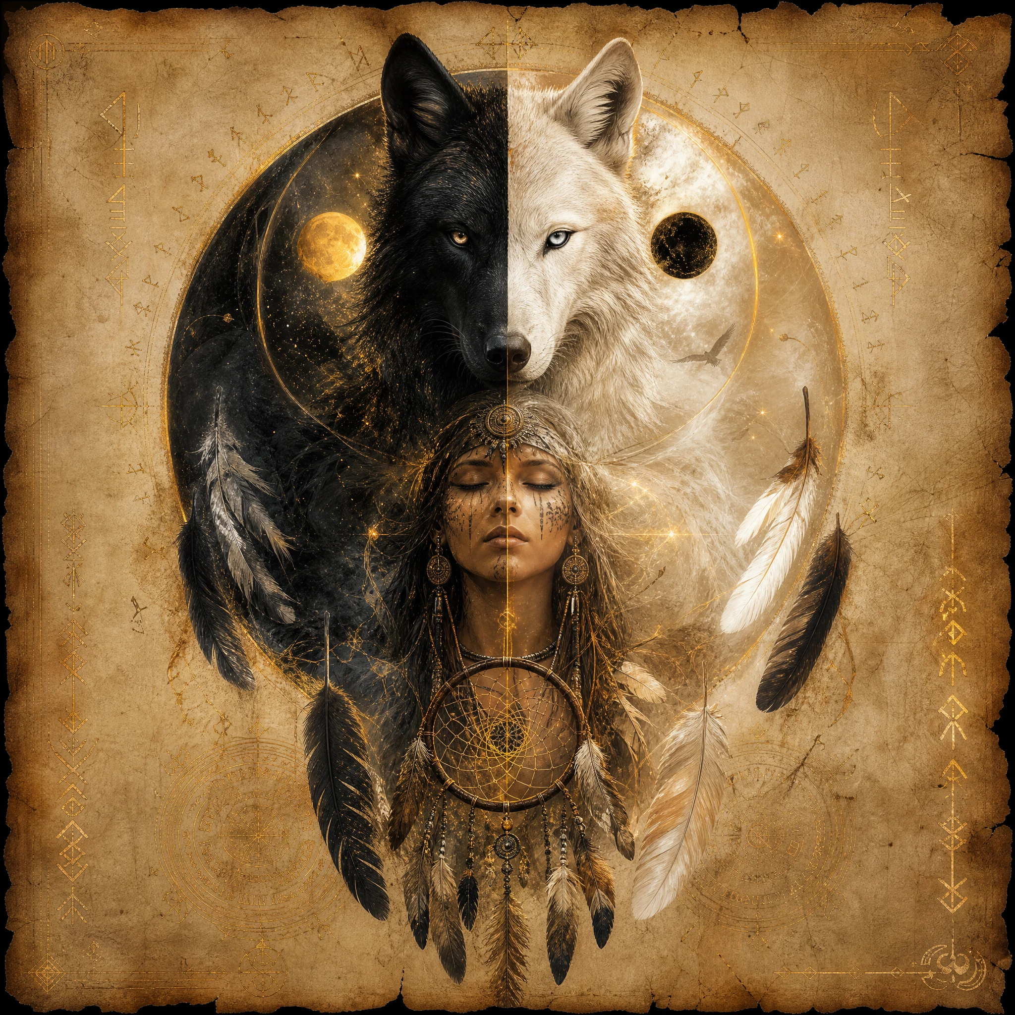Mystical double exposure wolves with yin yang collage