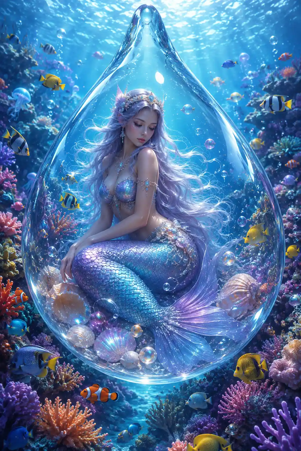 Serene mermaid resting inside a shimmering ocean droplet