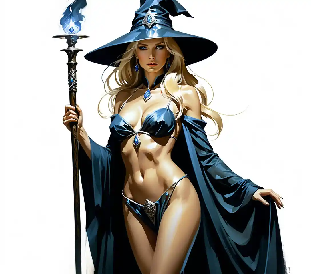 Full body fantasy sorceress illustration of a blonde woman