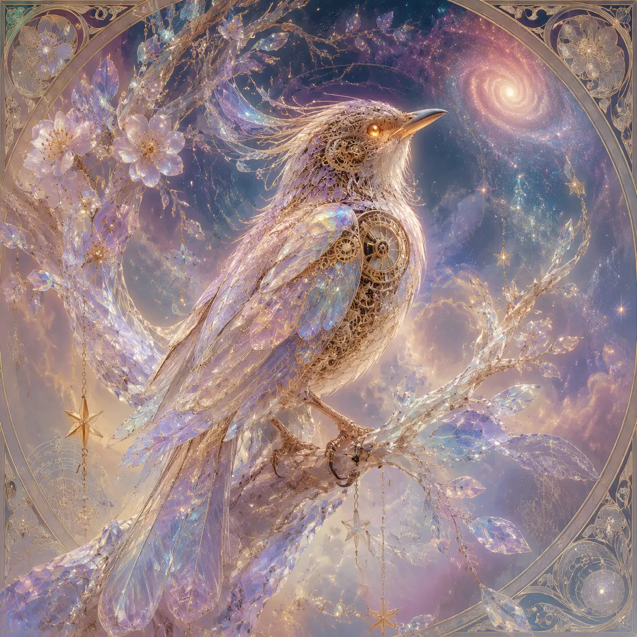 Glass feathered celestial bird in a glowing nebula