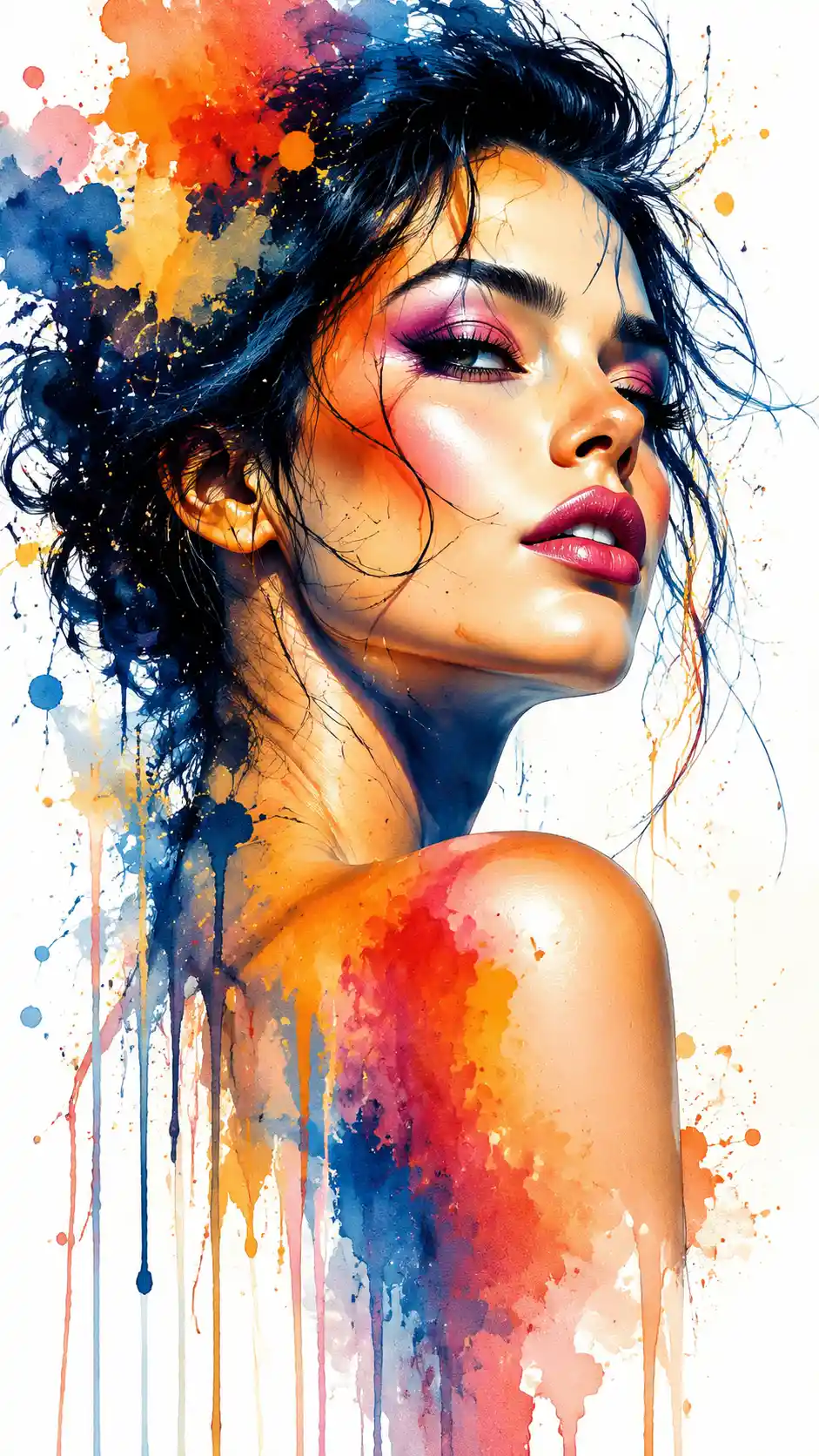 Colorful watercolor portrait of a woman in three quarter pose