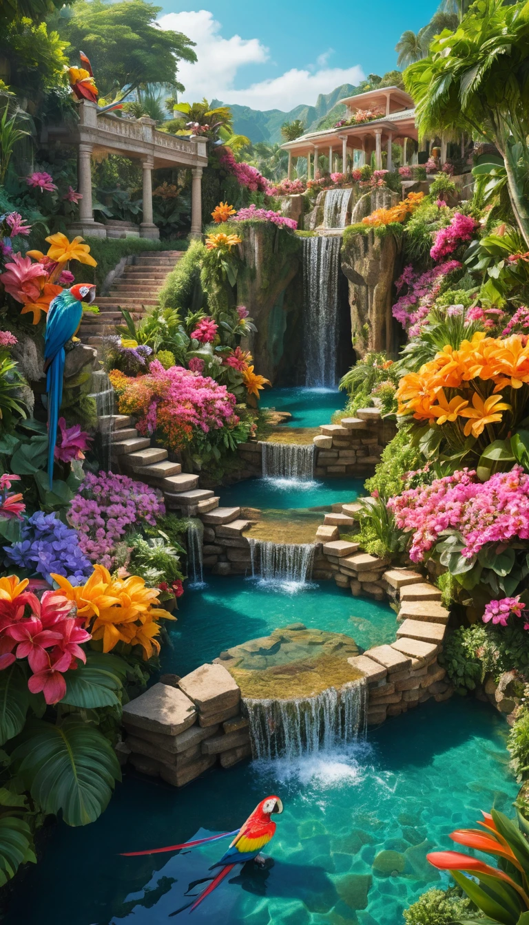 Fantasy Terraced Flower Garden Beside Turquoise Waters