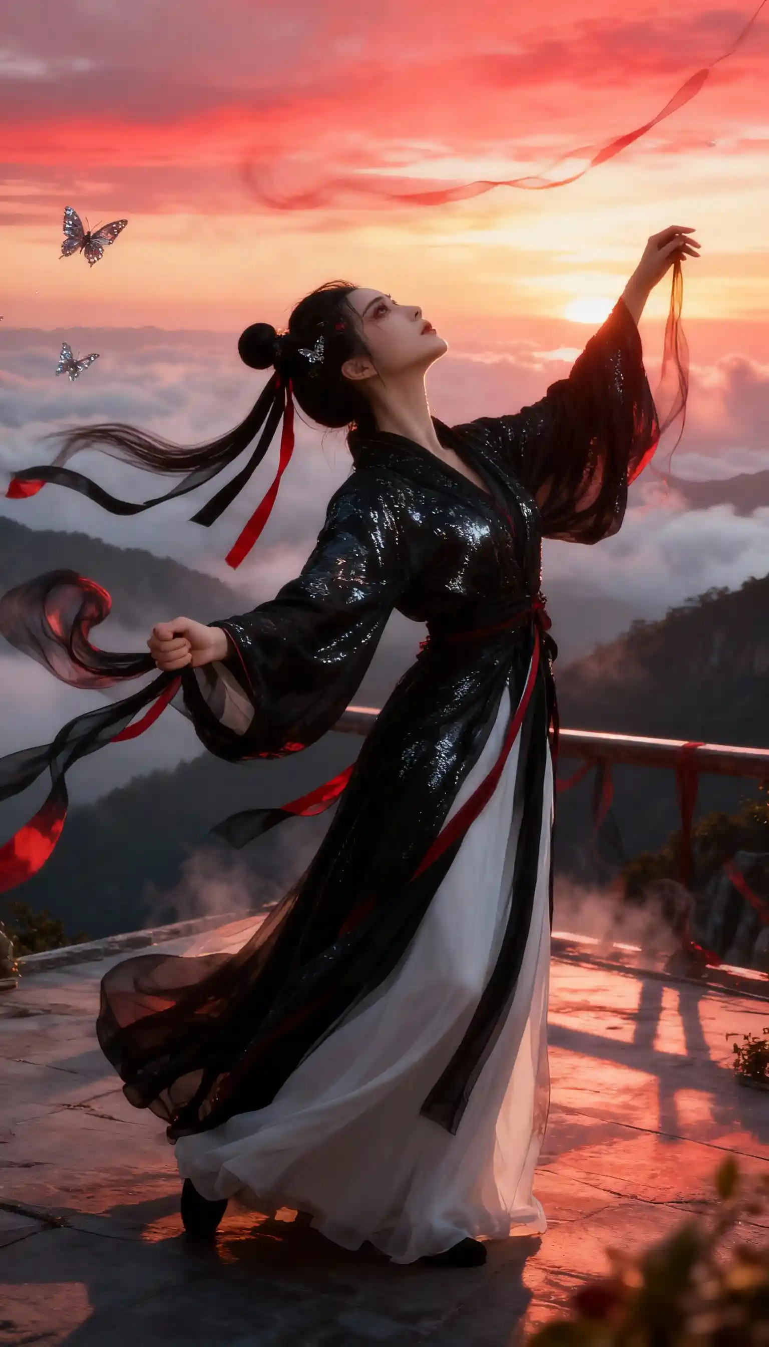 Woman in flowing hanfu on misty mountain terrace
