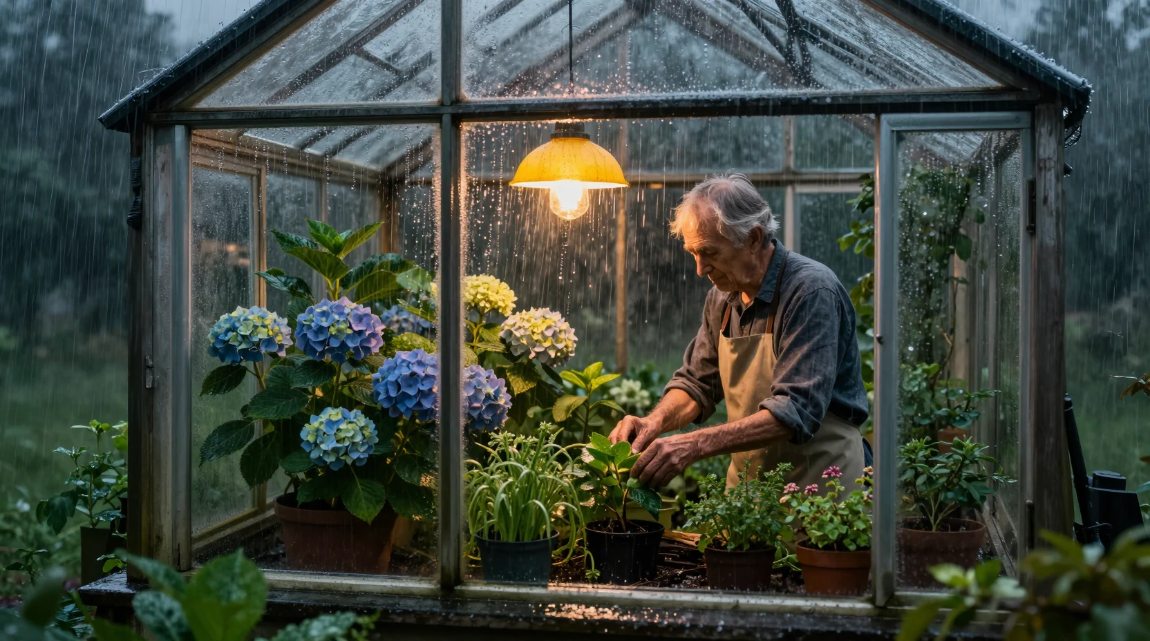 Elderly gardener tending plants in a warm rainy greenhouse