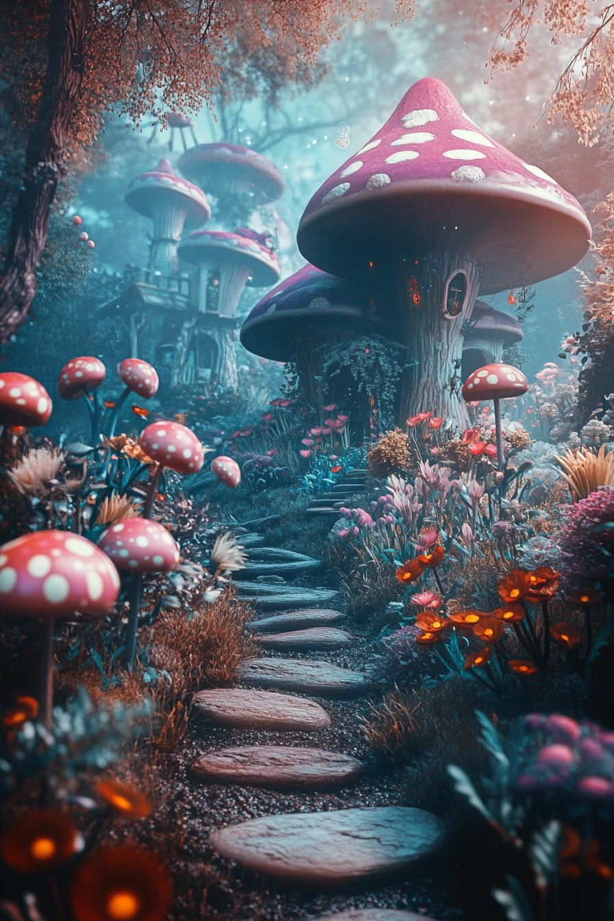 Cheerful surreal landscape with whimsical bright pastel scenery