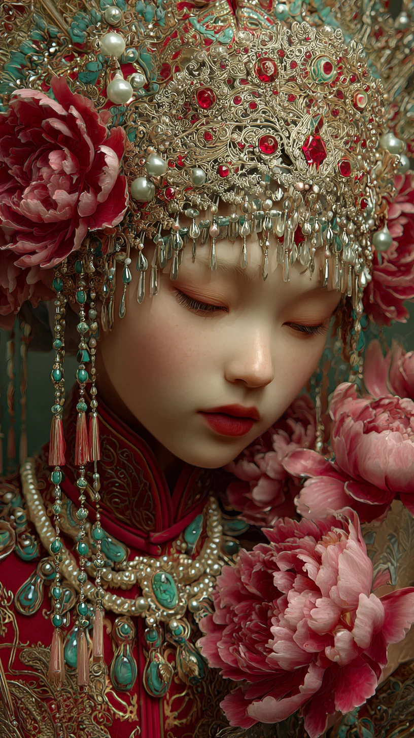 Retrato de novia de Asia Oriental en pintura ornamentada en rojo y dorado