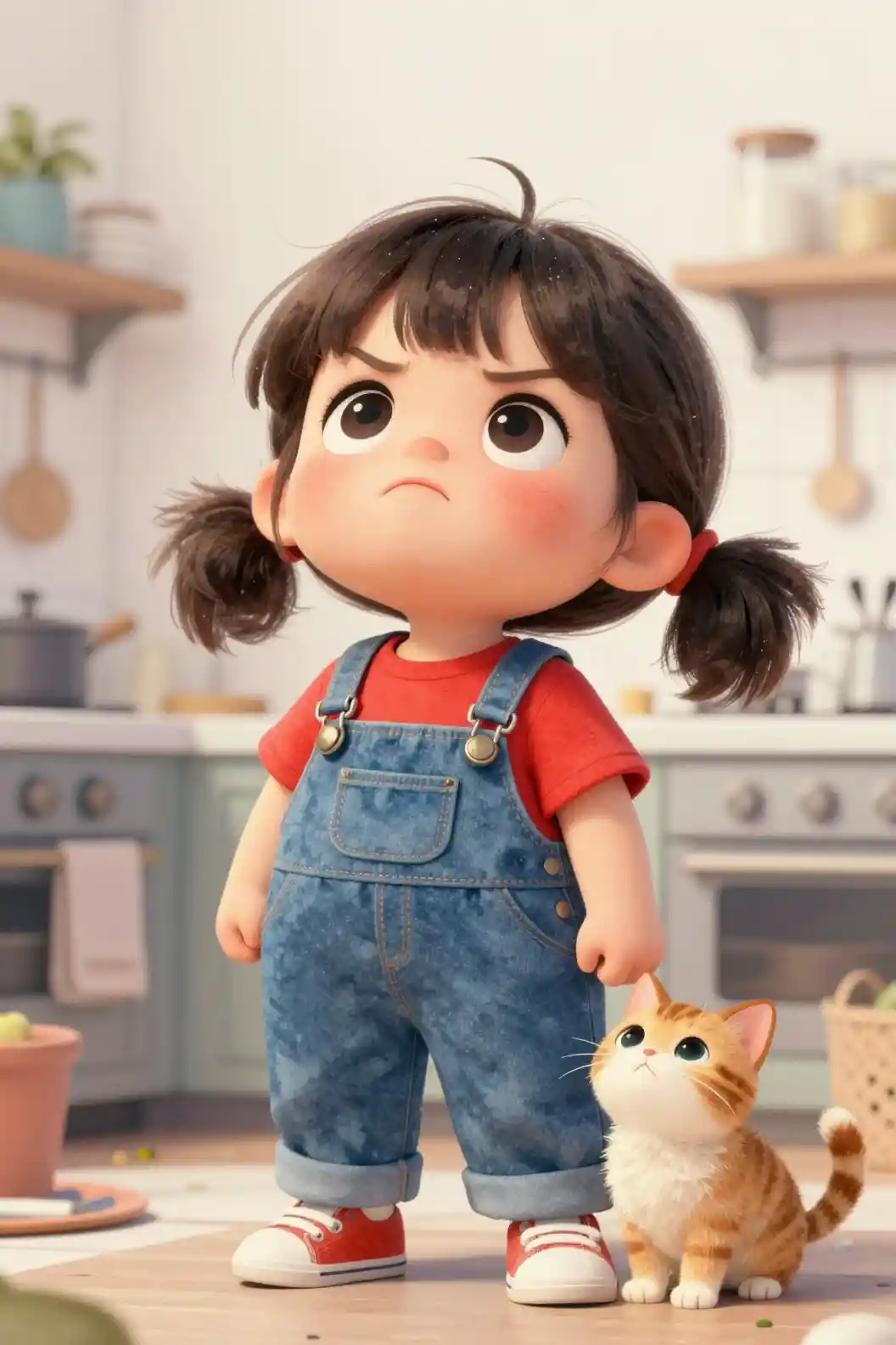 Chibi girl pouting in messy kitchen with curious cat