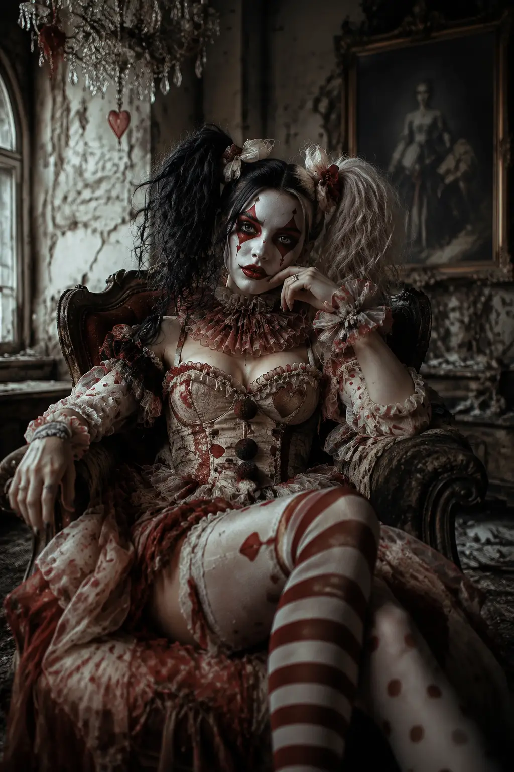 Gothic harlequin woman in an abandoned cinematic room