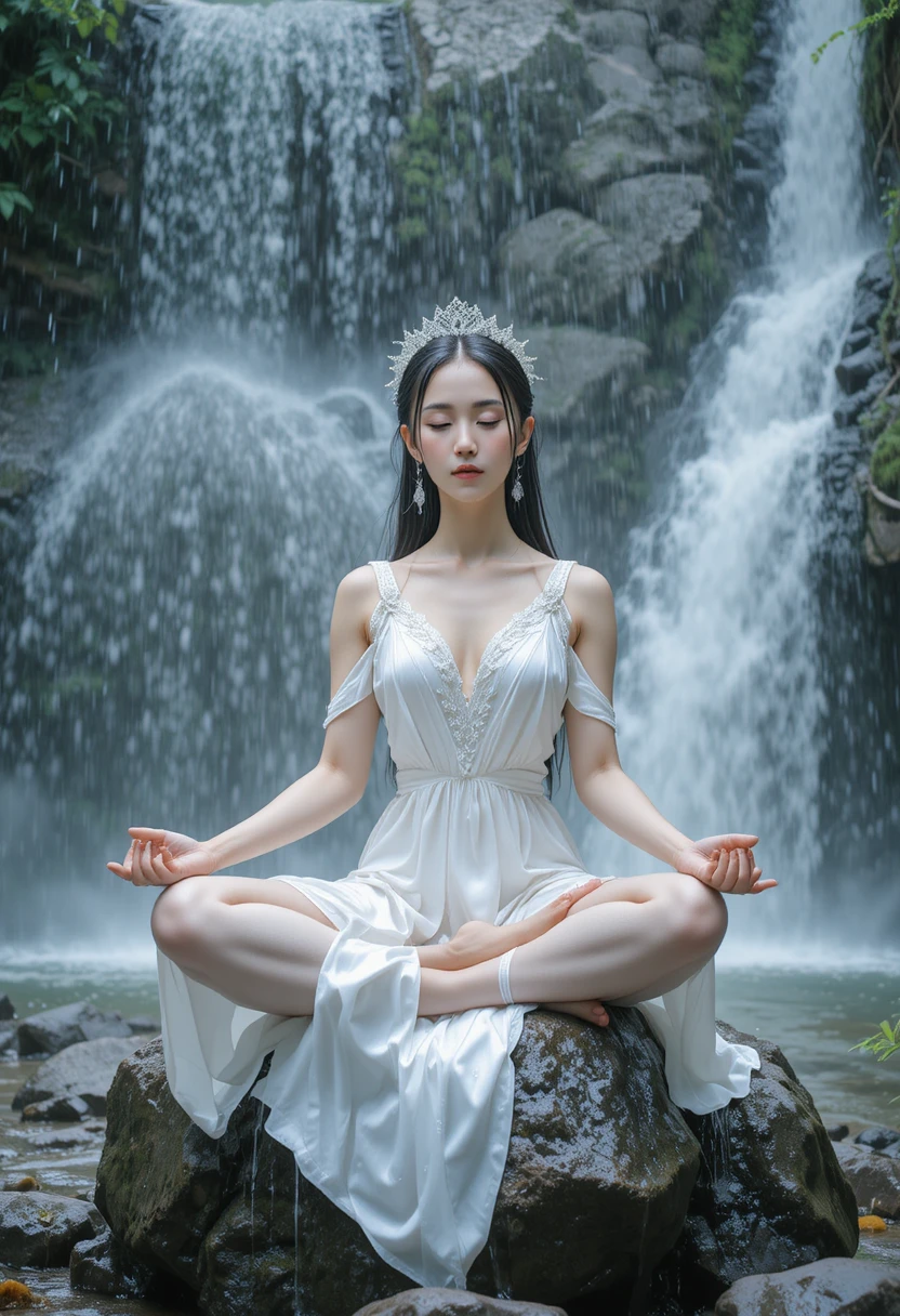 Asian woman meditating under a gentle mountain waterfall