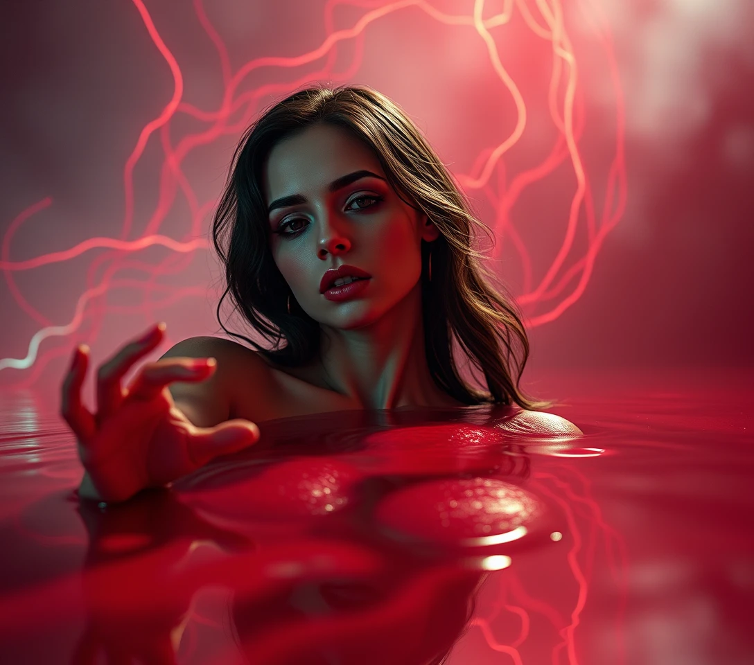 Ethereal woman reflected in a surreal dreamlike liquid mirror