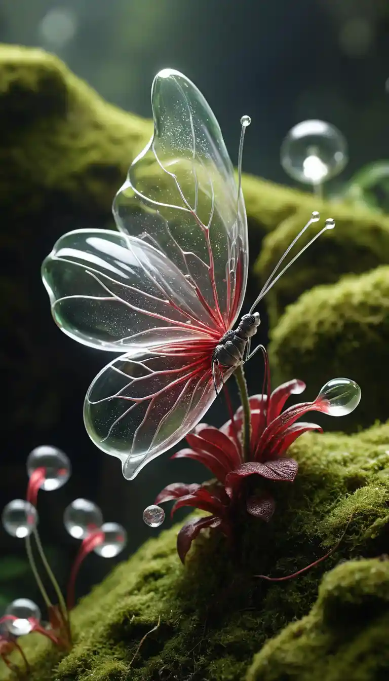 Crystal butterfly flower on sunlit mossy mountain cliff