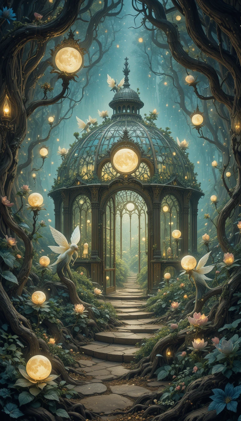 Enchanted Root Greenhouse With Glowing Moons And Sprites
