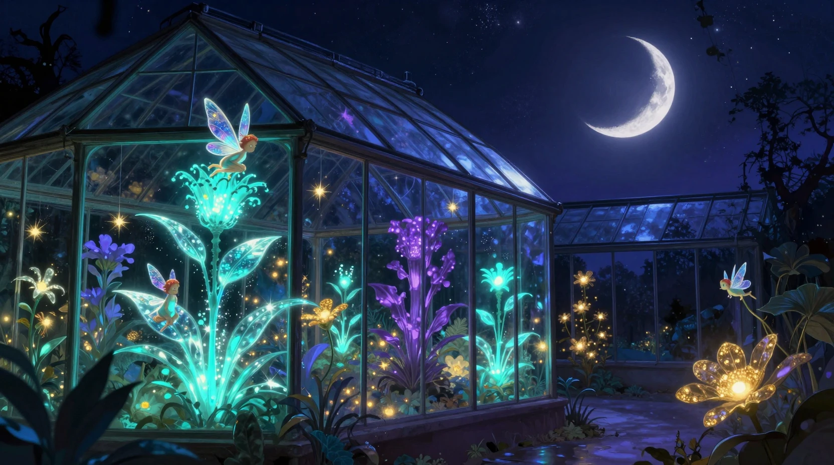 Enchanted Greenhouse With Bioluminescent Plants At Midnight