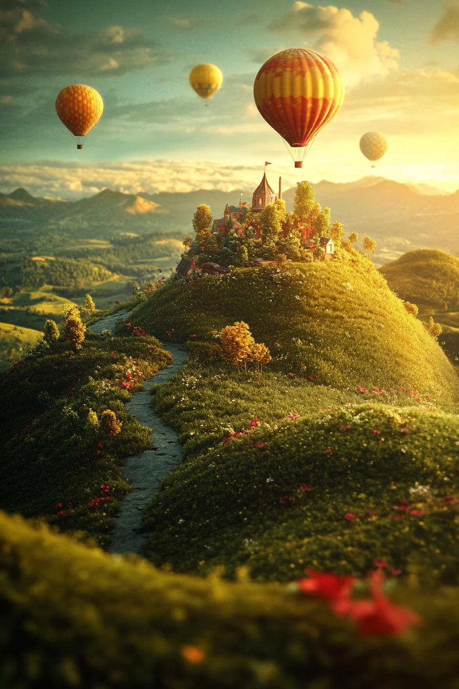 Bright surreal landscape with whimsical vibrant colors
