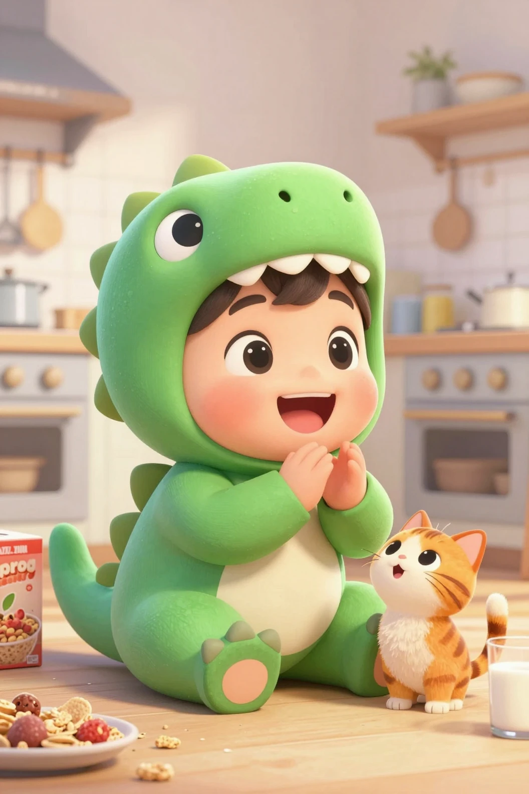 Toddler in dinosaur suit laughing on messy kitchen floor