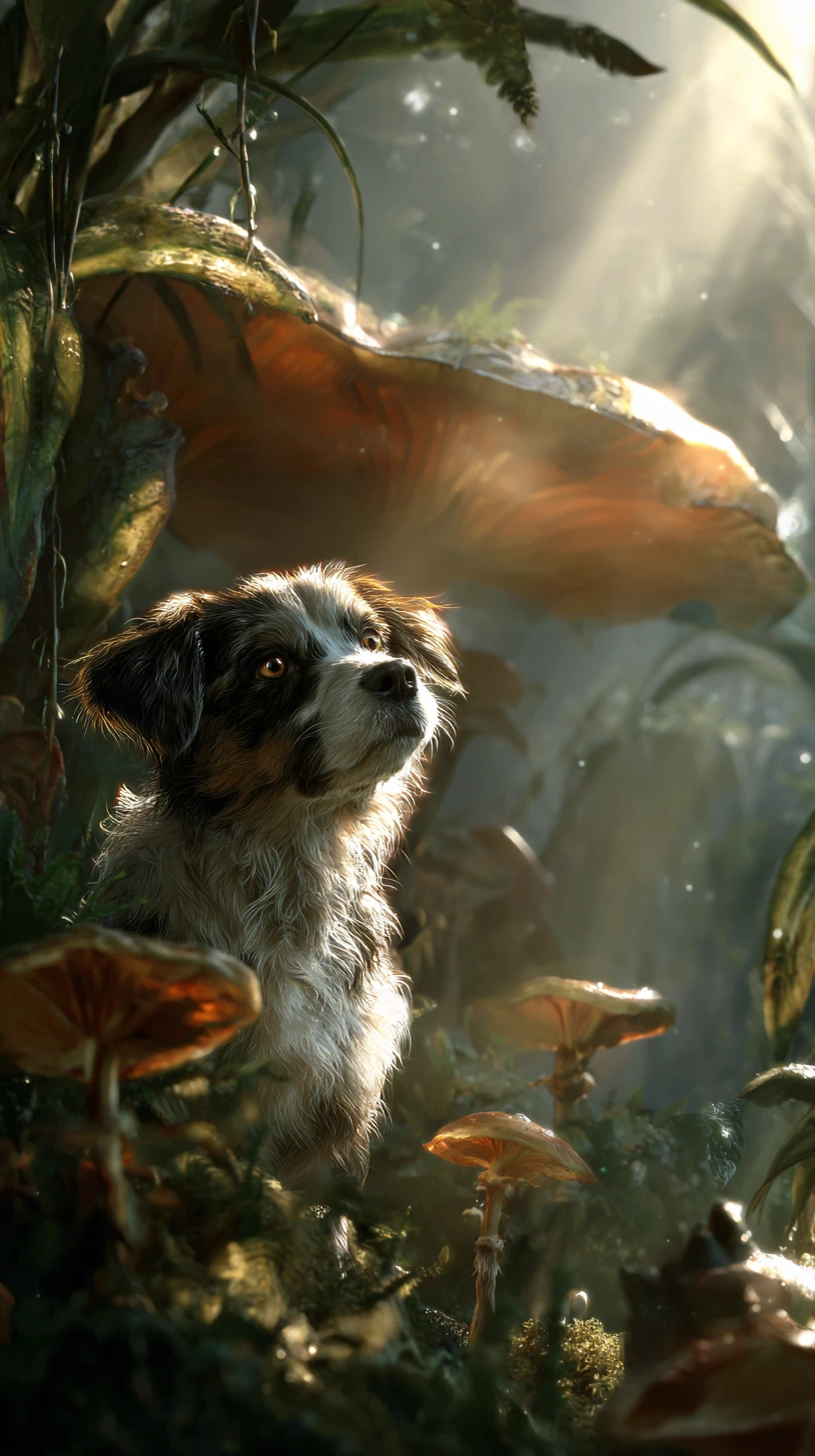Perro observando desde una cavidad cubierta de musgo en un bosque antiguo