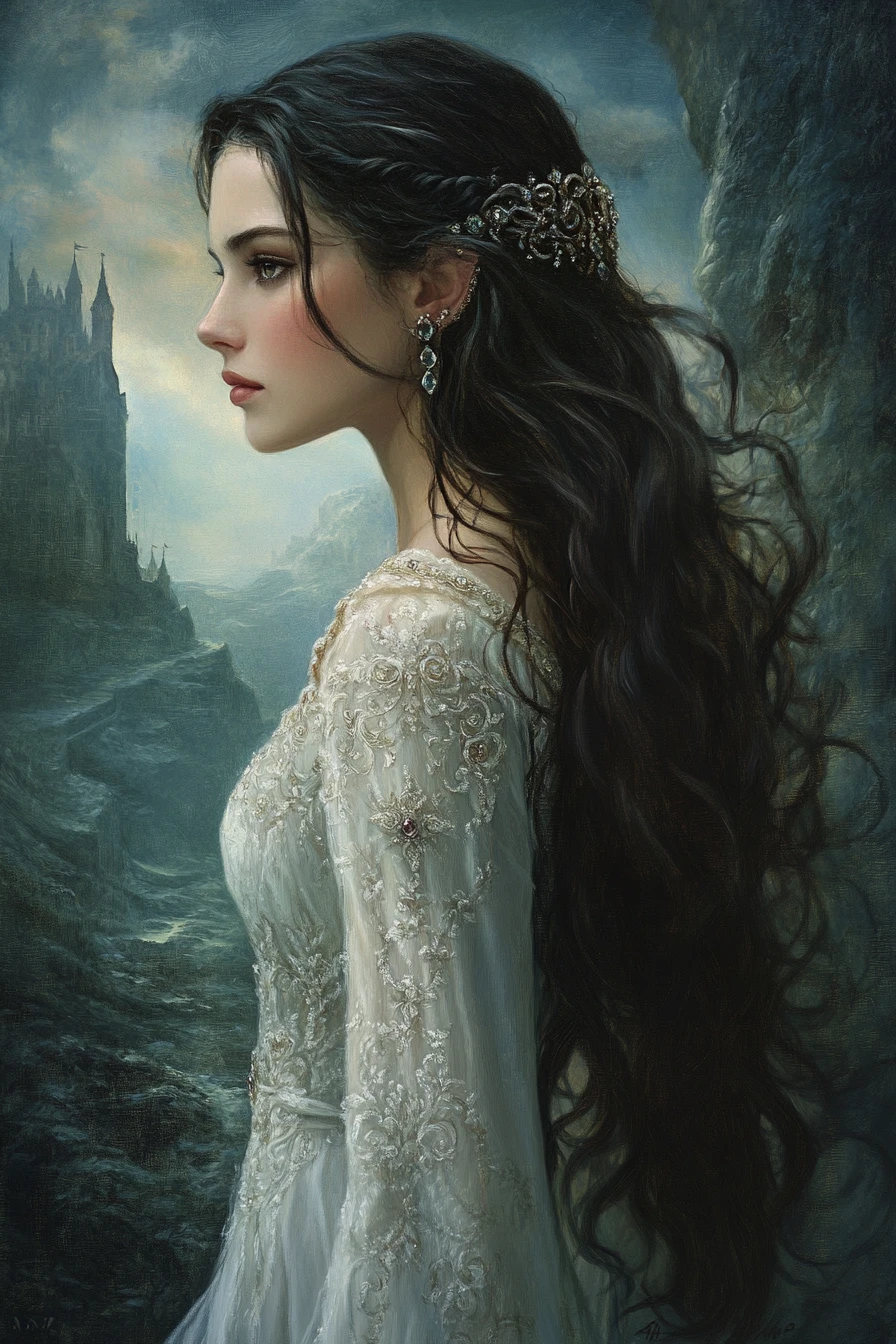 Elegant woman in profile before a misty distant castle