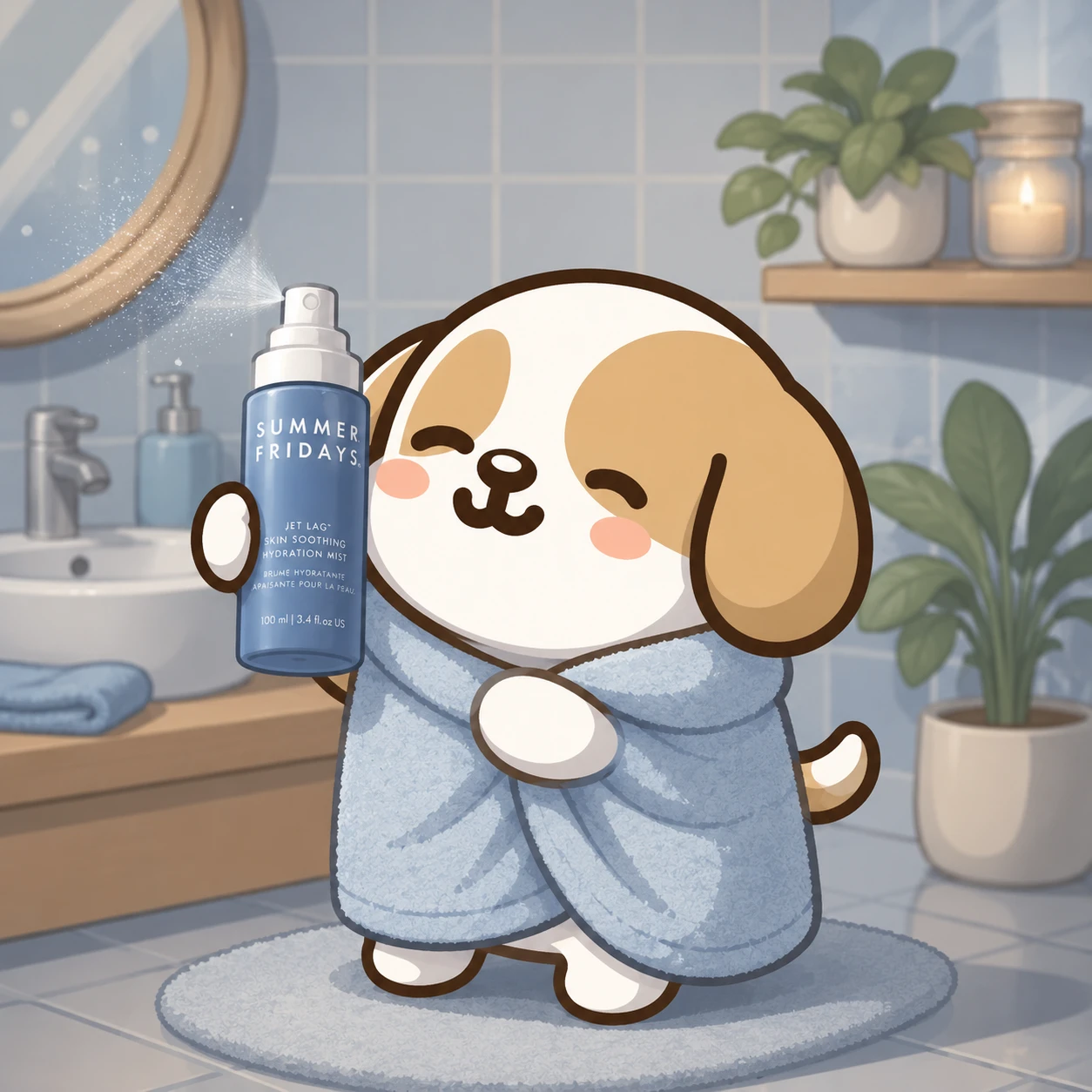Cartoon dog in bathroom using spray with towel wrapped