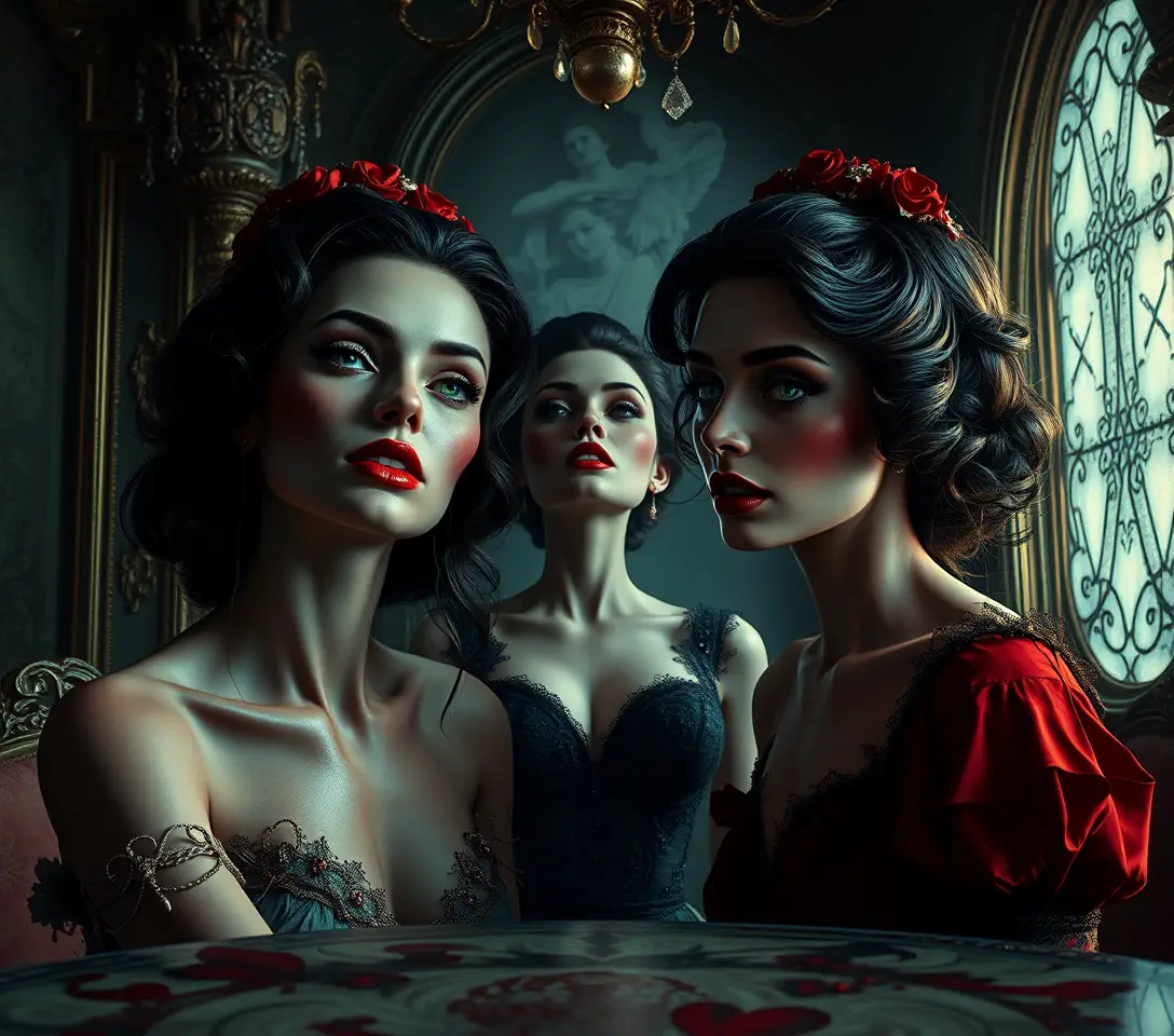 Surreal ethereal women in a decaying victorian interior