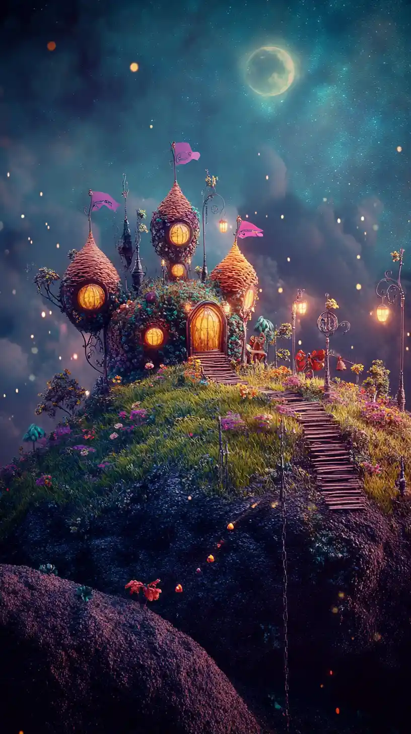Bright surreal landscape with whimsical artistic details
