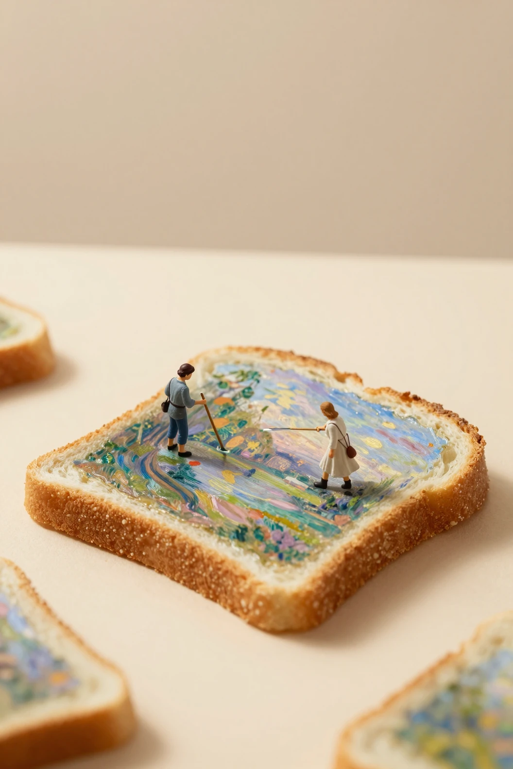 Artistas en miniatura pintando sobre una rebanada de pan