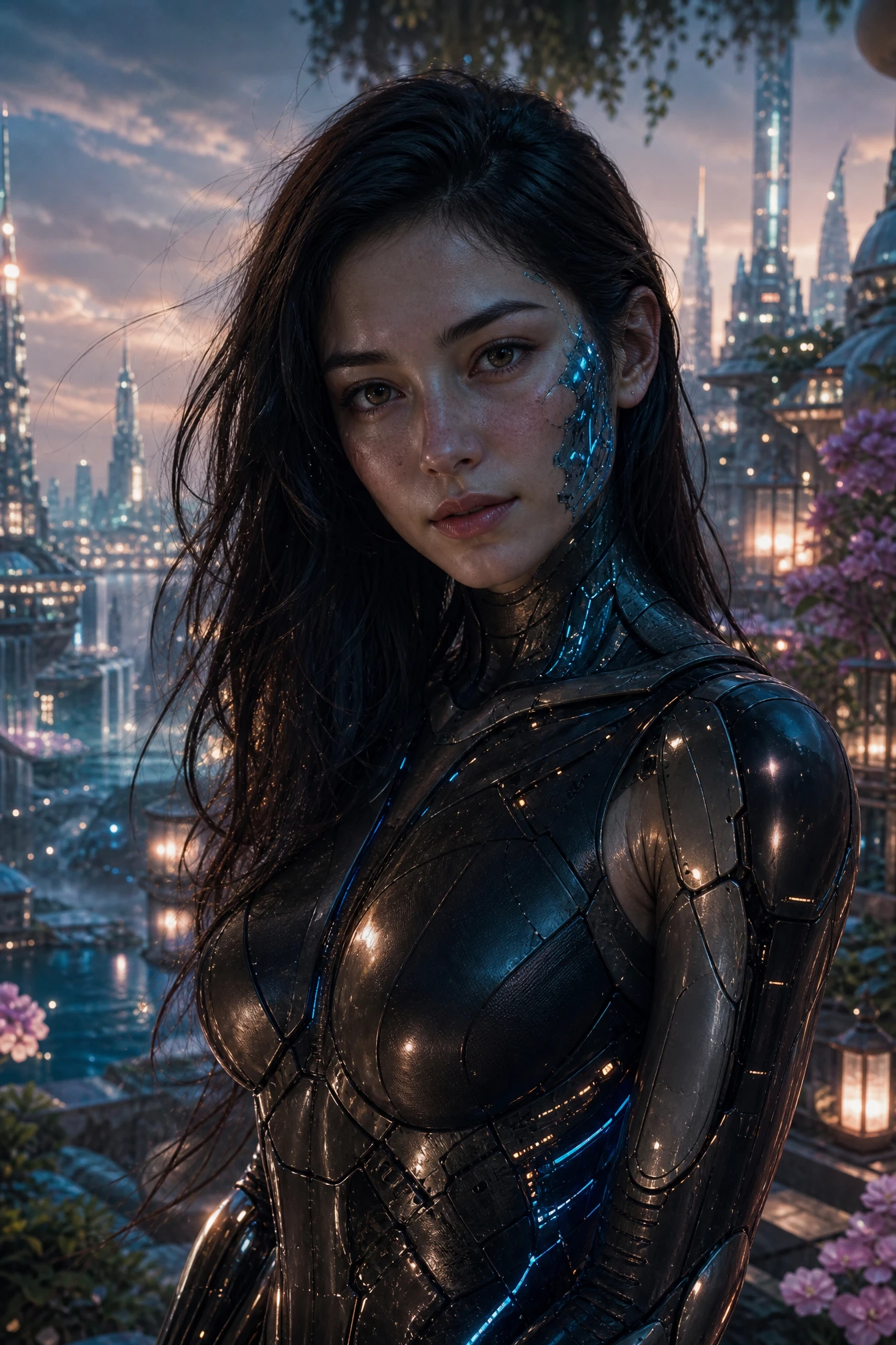 Romantic portrait of a cybernetic woman in a future city