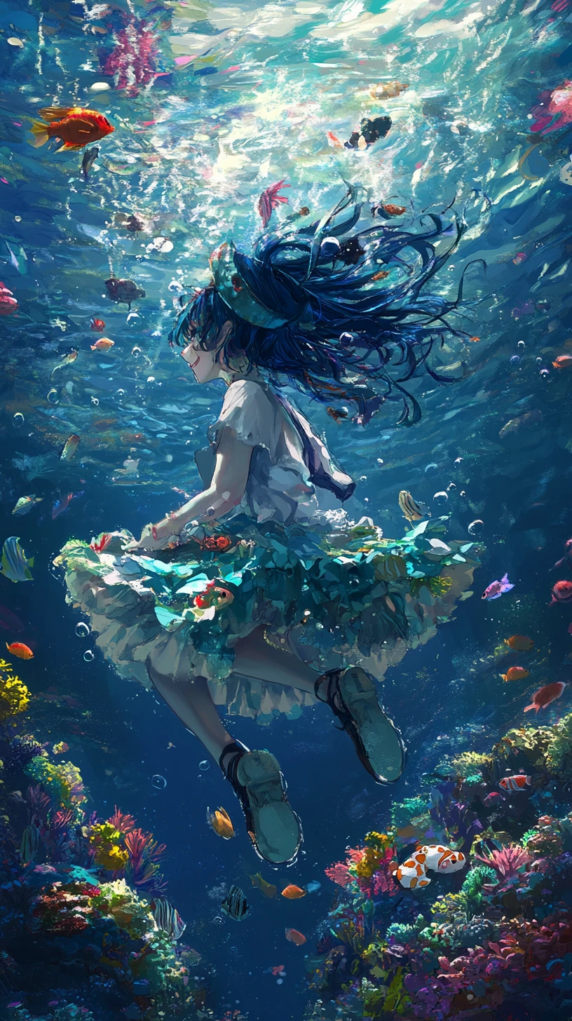 Colorful coral reef underwater with small fish swimming