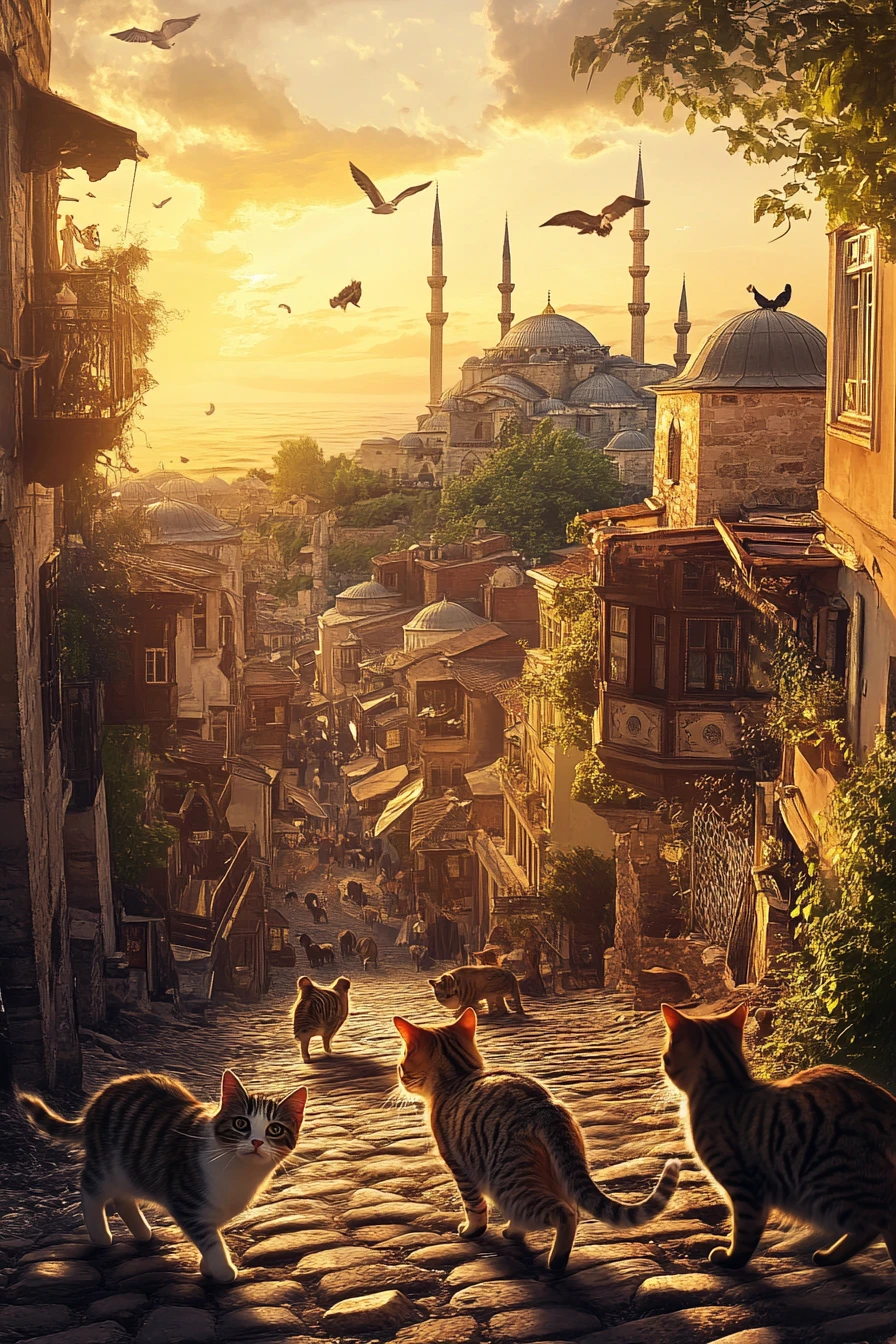 Cats wandering along a sunlit Turkish cobblestone street