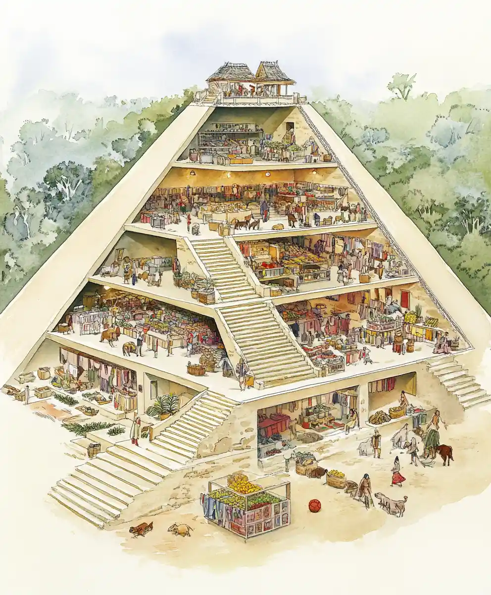 Watercolor cross section of a lively pyramid market