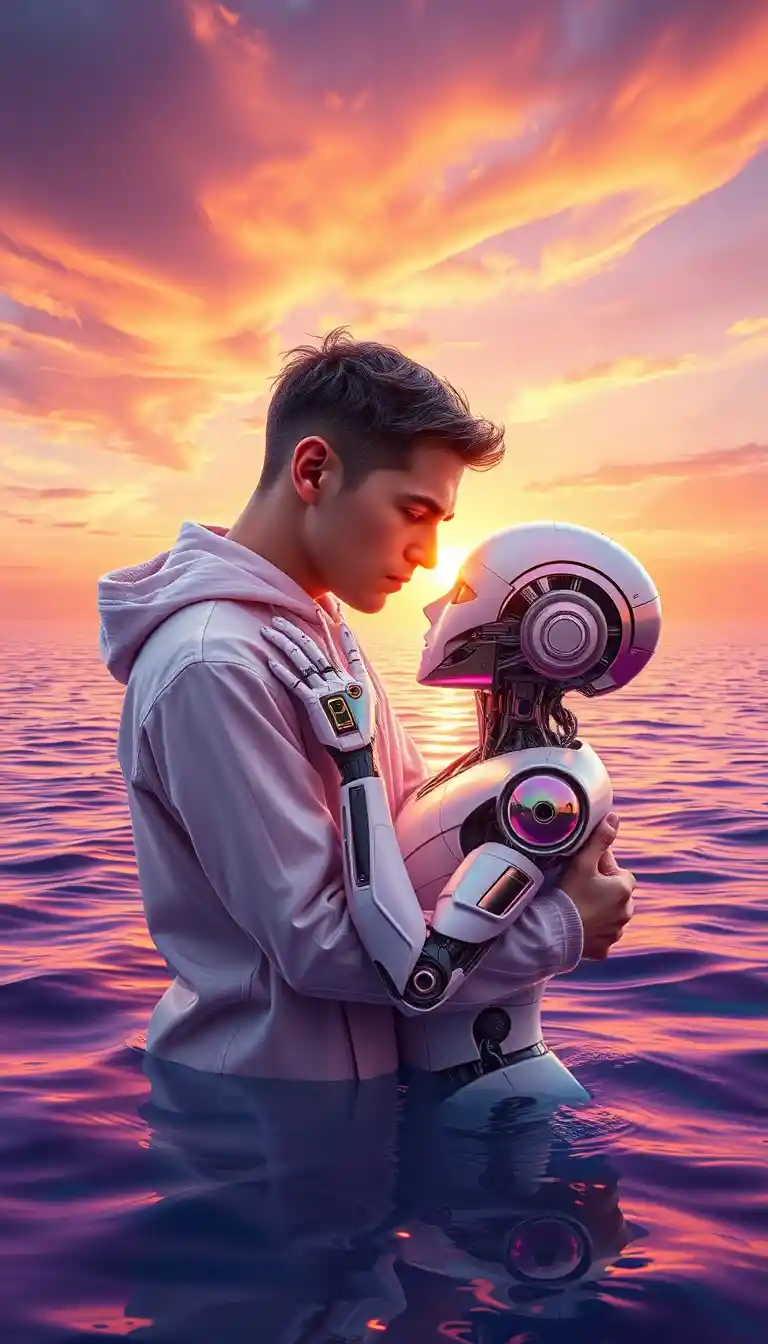Man Embracing Android In Surreal Rainbow Ocean At Sunset