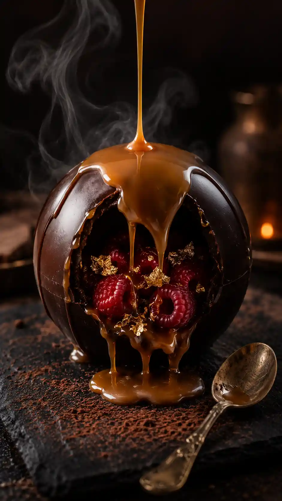 Melted Chocolate Sphere Dessert With Flowing Caramel Sauce