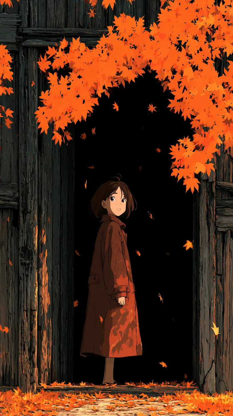 Anime girl in autumn doorway with falling maple leaves