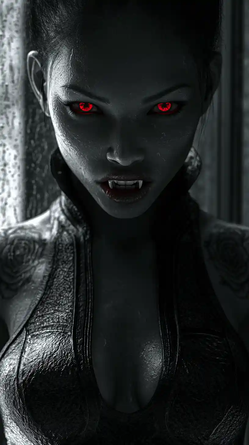 Vampire woman close up with piercing red eyes