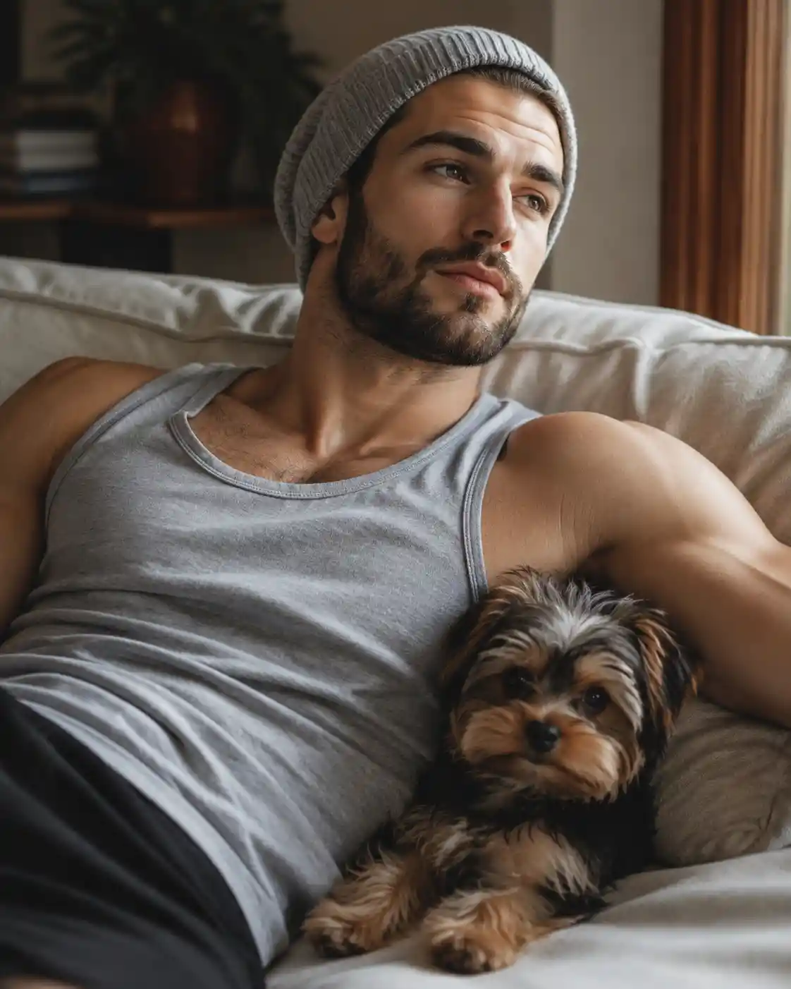 Man relaxing with small yorkie on cozy cream sofa