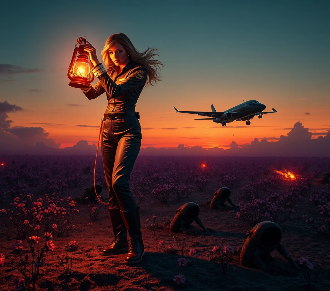 Ethereal Aviator Woman Floating Over Surreal Battlefield