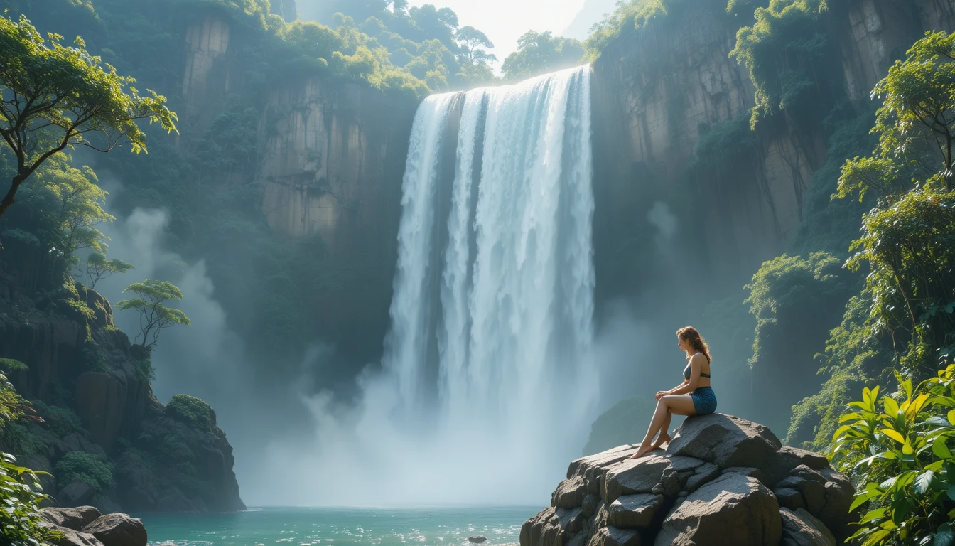 Girl sitting on rock before a lush forest waterfall