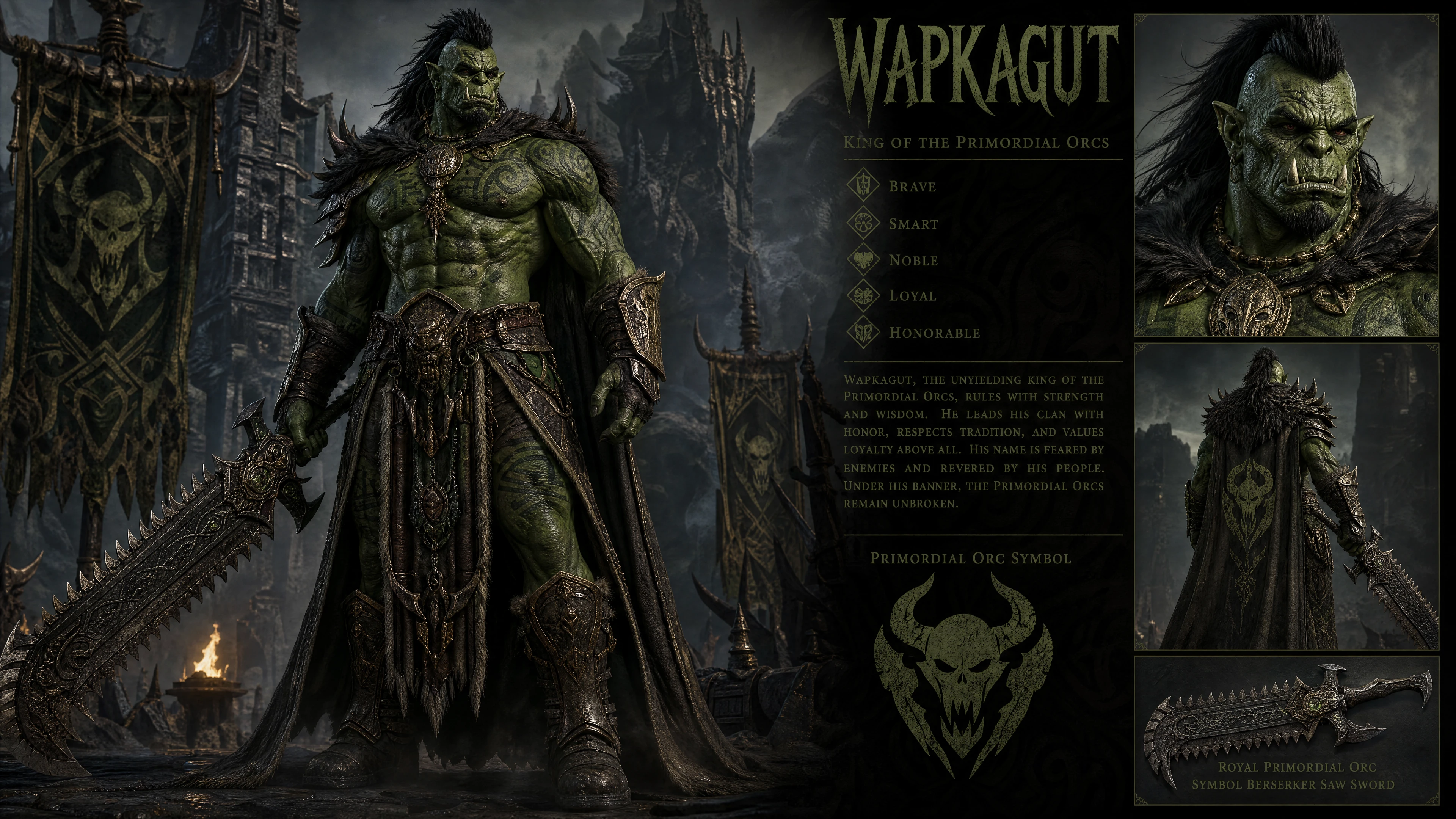 Primordial orc king warrior with crimson eyes and tattoos