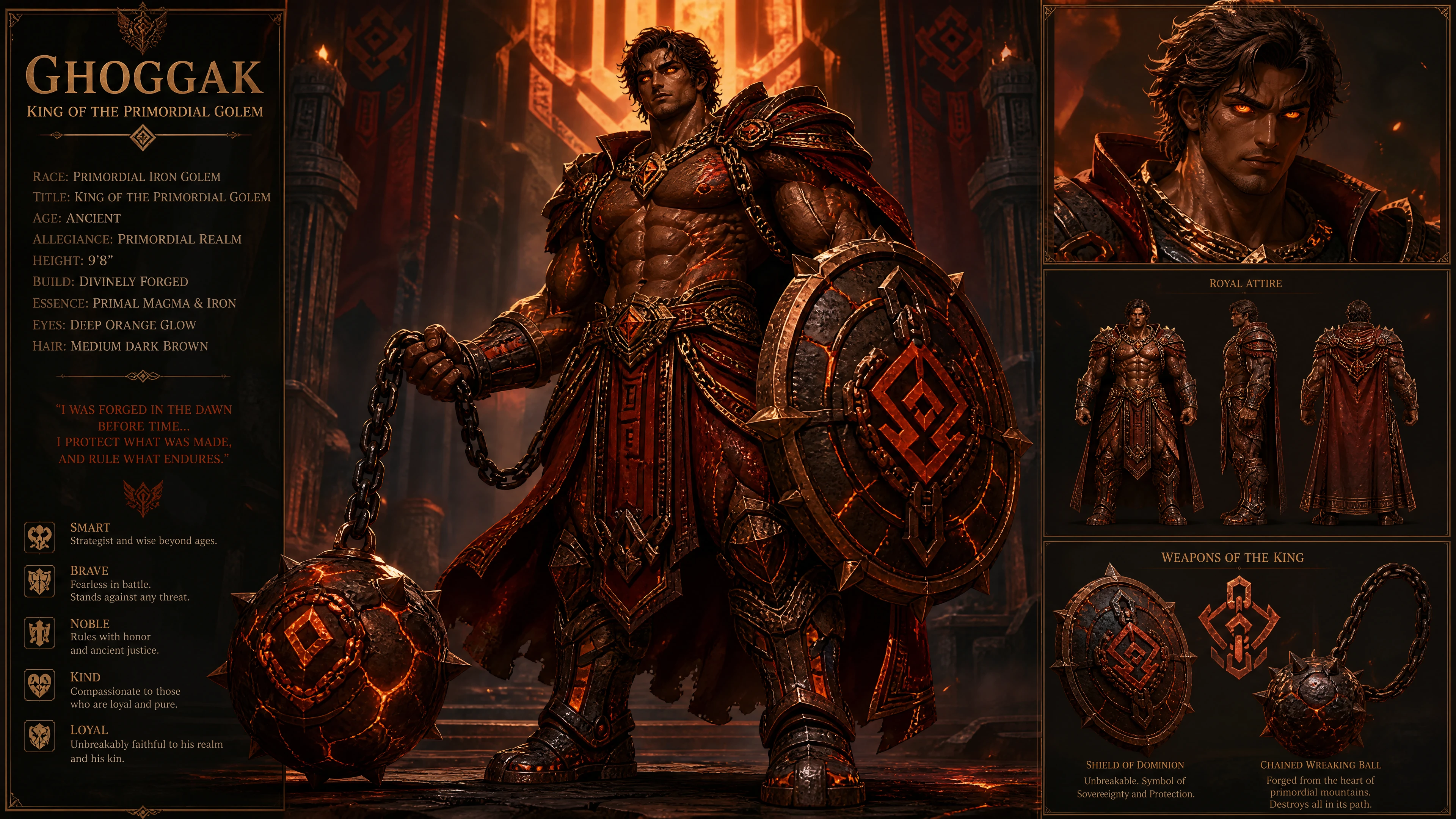 Heroic primordial golem king with glowing orange eyes