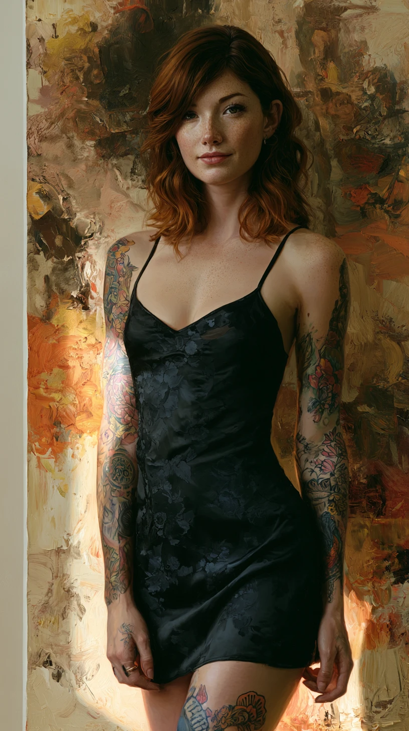Tattooed woman in black dress in warm studio portrait