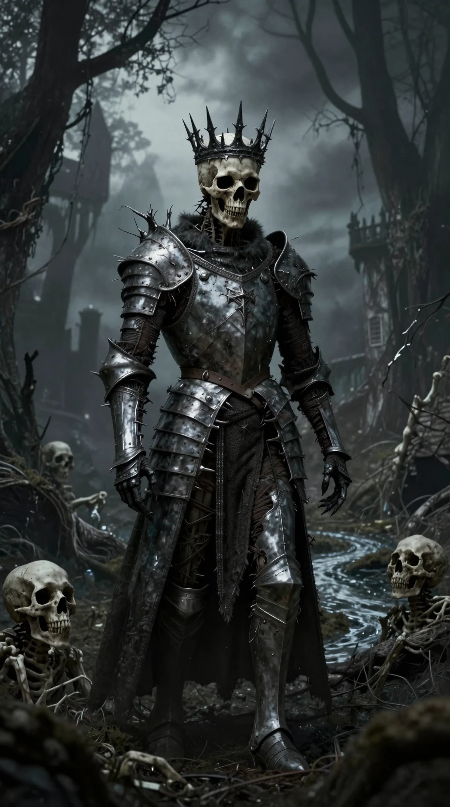 Undead king wandering a decaying medieval fantasy realm