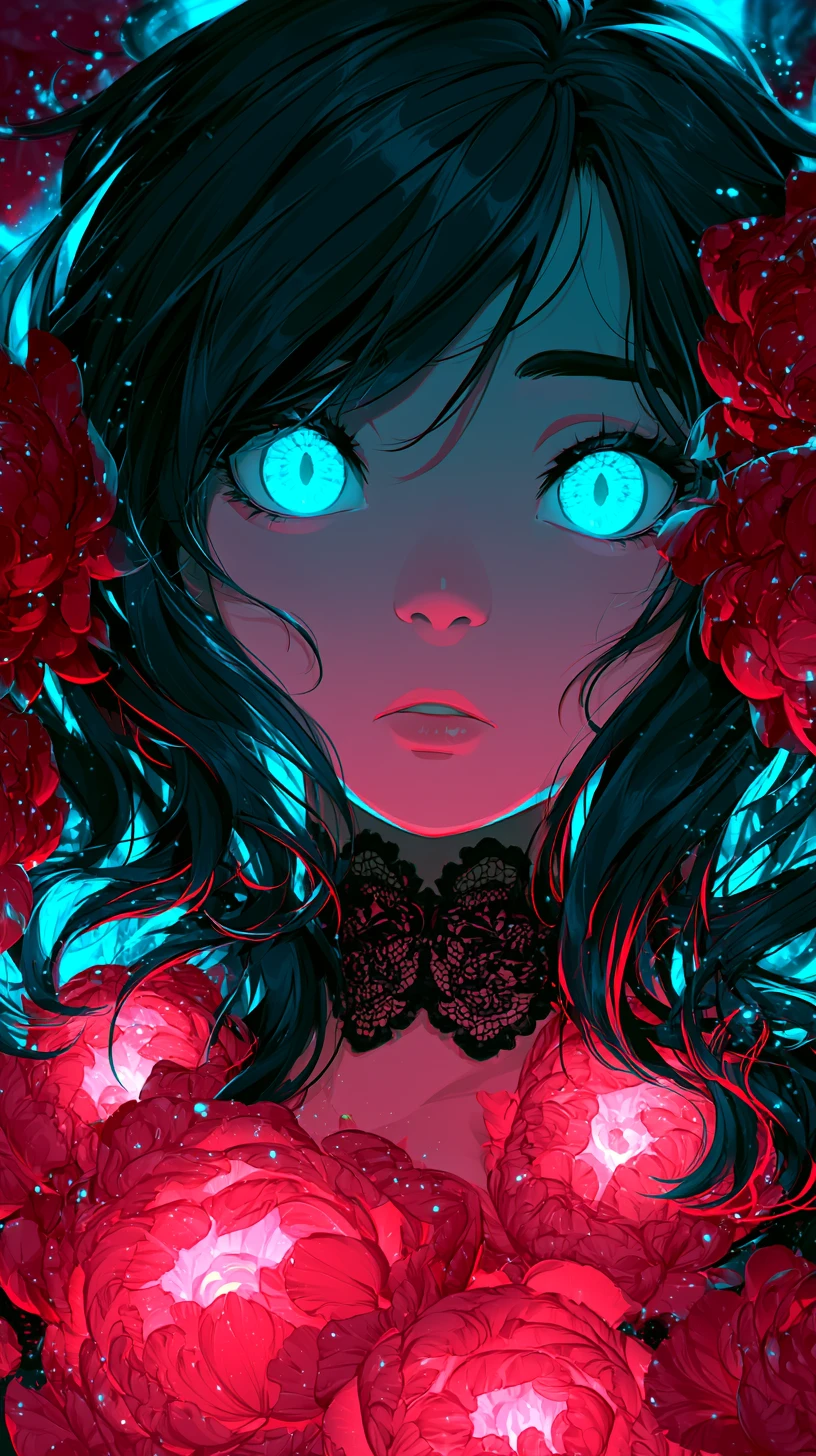 Ragazza anime con occhi ciano e girocollo con peonia rossa luminosa