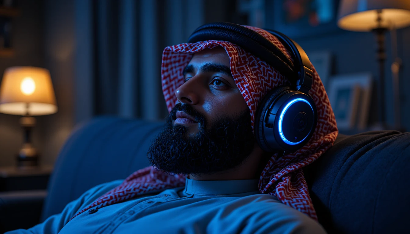 Young man relaxing with gaming headphones on blue sofa