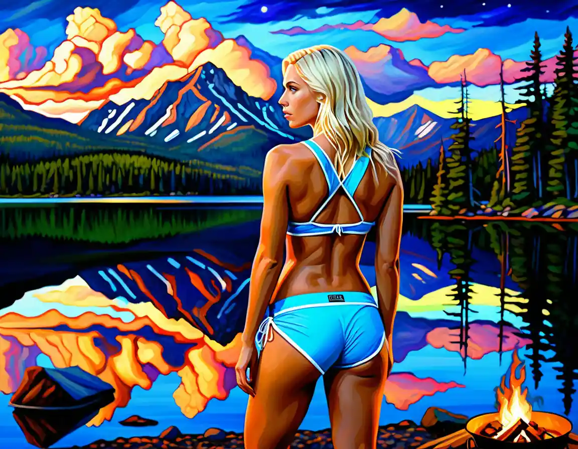 Athletic blonde girl camping by a twilight mountain lake
